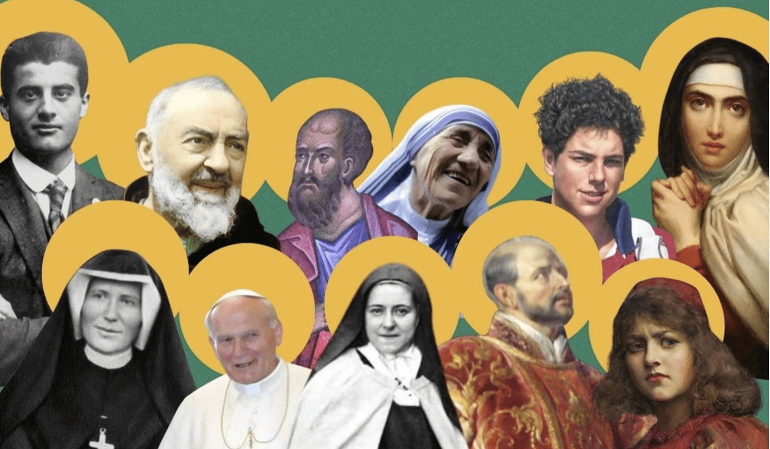 Common questions about the Catholic faith often include ones about the saints, which are pictured in this graphic. They are in a cluster of headshots with halos around their heads.